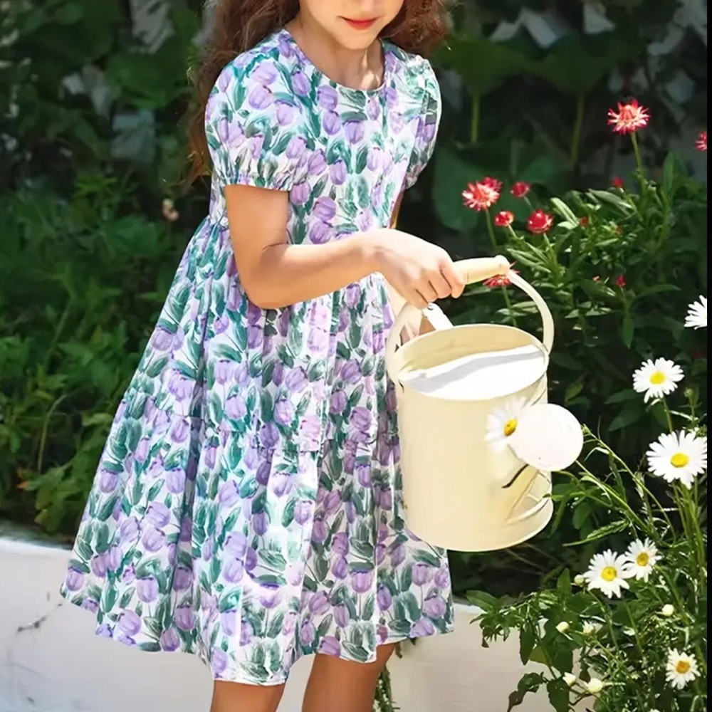 Floral Purple and Green Girls Dress